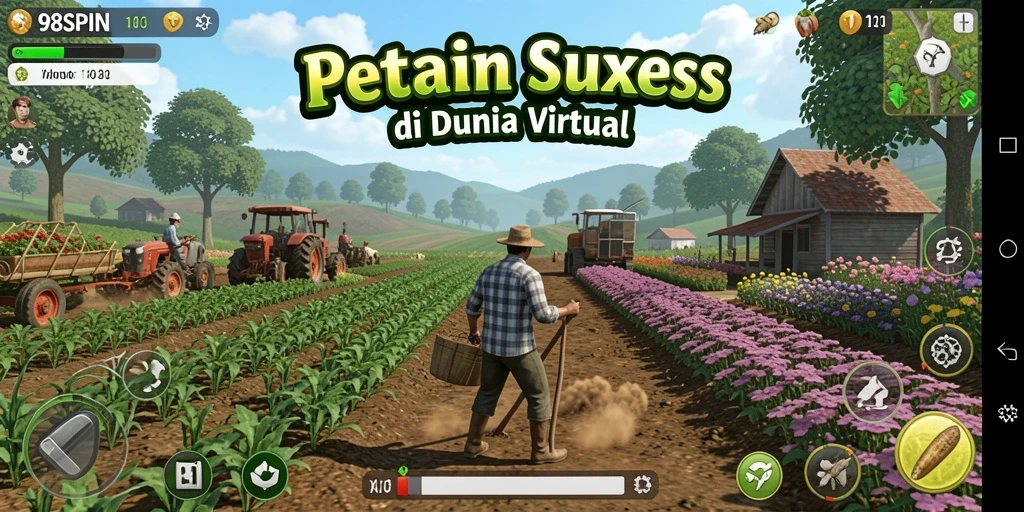 Screenshot gameplay 98SPIN menampilkan ladang subur dan hewan ternak.