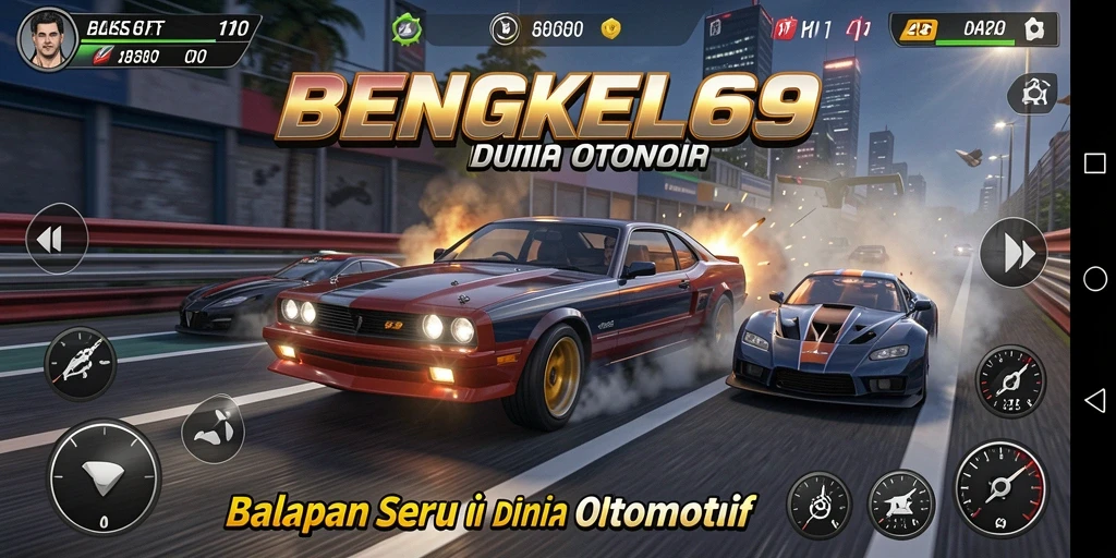 Screenshot menampilkan balapan intens di lintasan BENGKEL69.