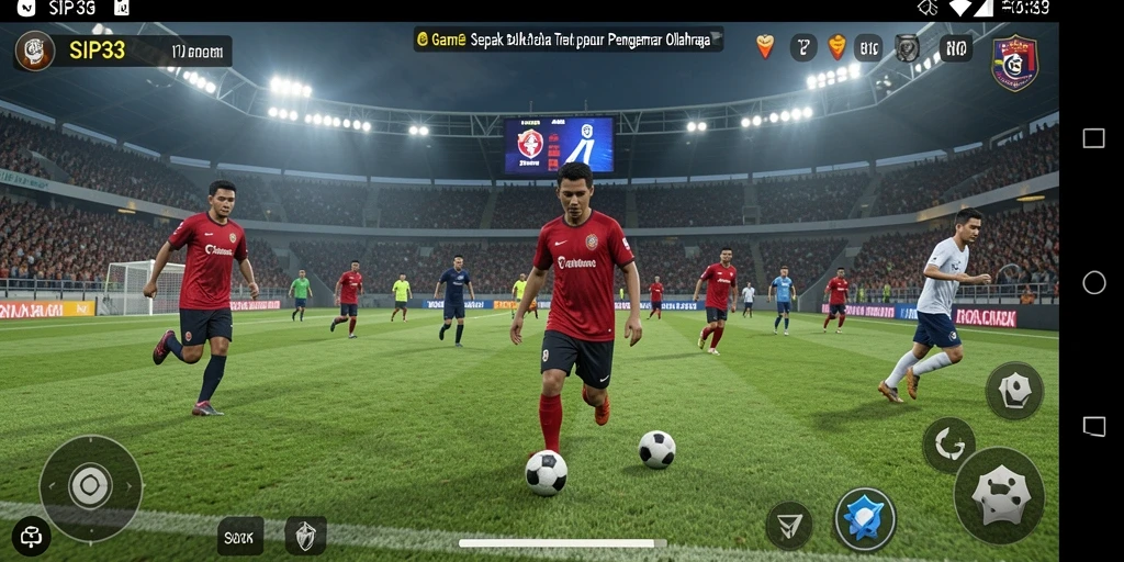 Screenshot gameplay SIP33 menampilkan aksi seru di lapangan sepak bola.