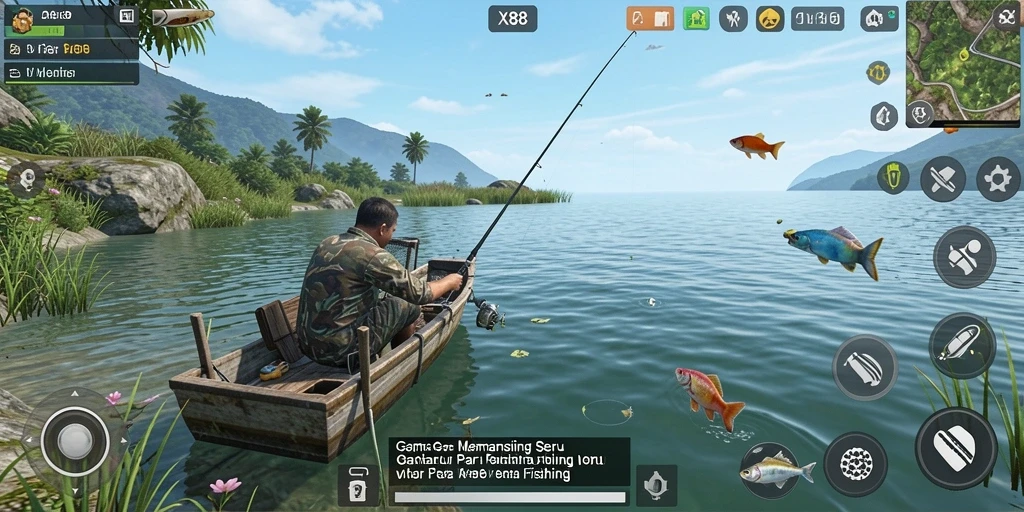 Tampilan gameplay <strong>X88</strong> saat menangkap ikan di laut yang indah.